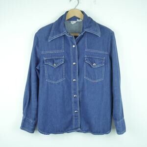 Vintage Women's Large Shirt Pearl Snap Denim Western 70s Hippy Cowgirl Rancher